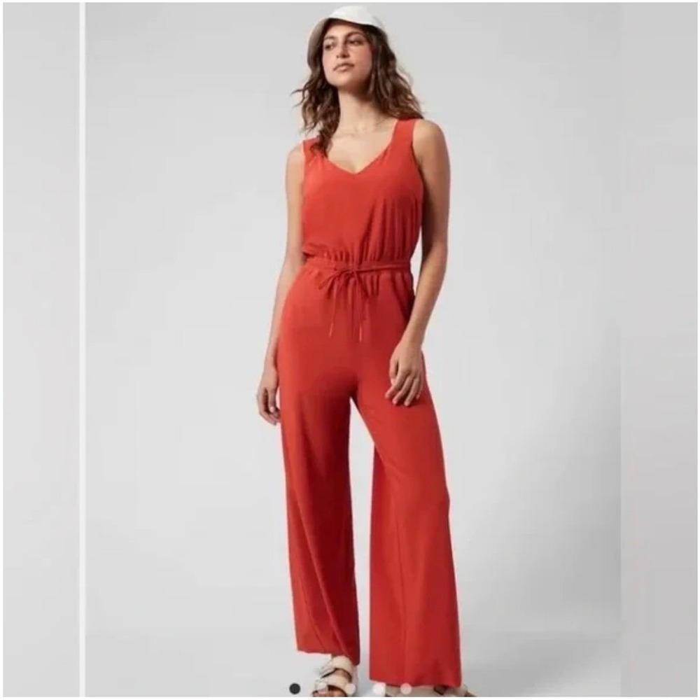 Athleta Savannah Jumpsuit Womens 12‎ Red Current High Rise Wide Leg Stretch